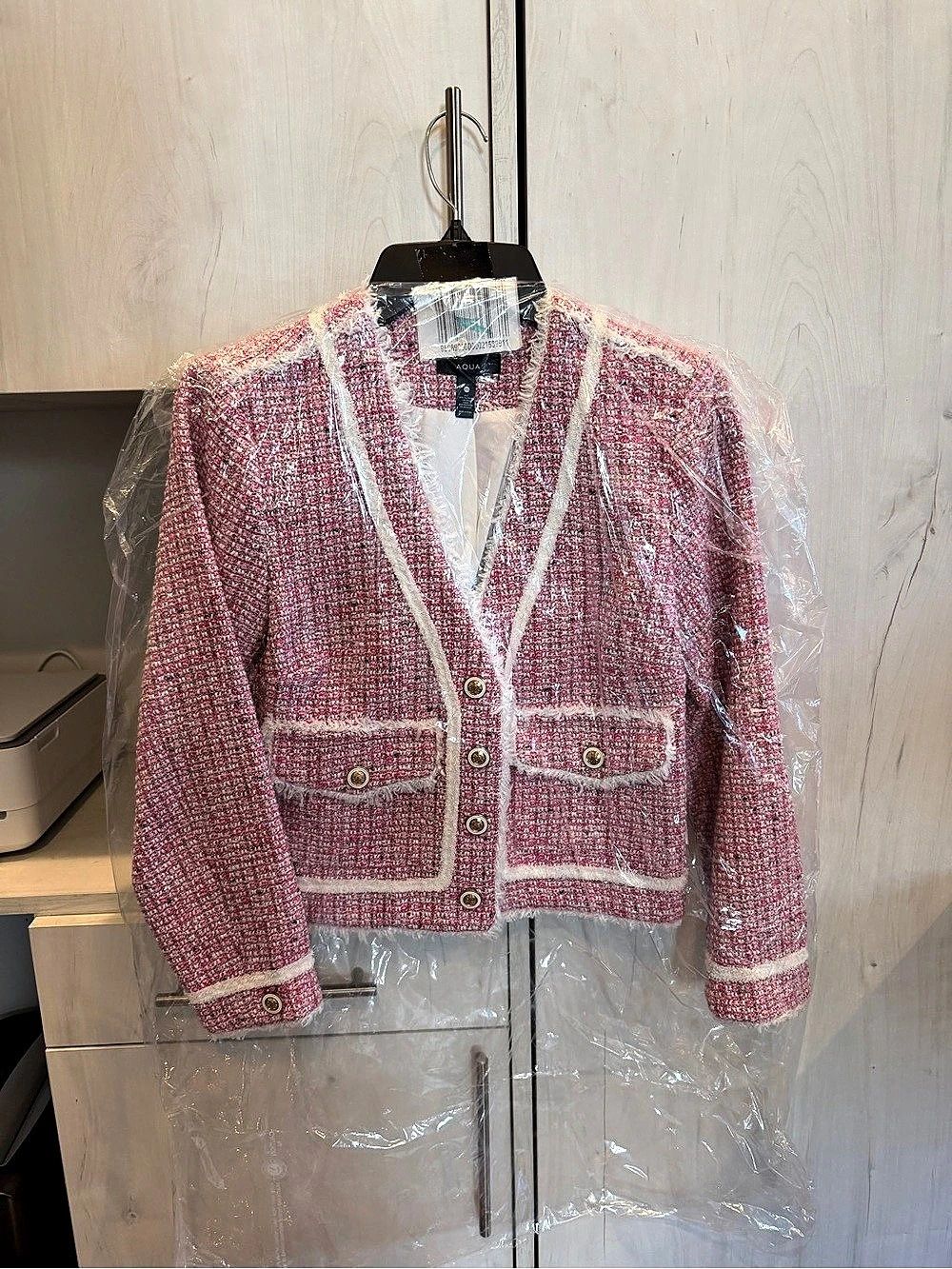 AQUA Pink Tweed Fringe Blazer Pink & White Size XS